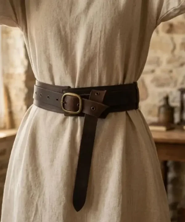 Ceinture médiévale vintage marron foncé similicuir, style corset, boucle laiton vieilli et pan pendant.