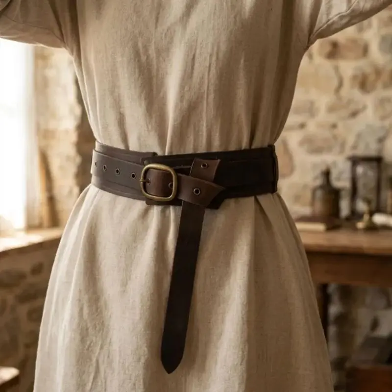 Ceinture médiévale vintage marron foncé similicuir, style corset, boucle laiton vieilli et pan pendant.