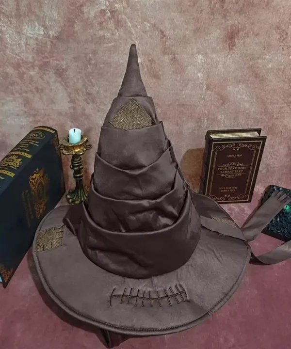 Chapeau de sorcier marron vintage en polyester, aspect vieilli plissé avec élégantes broderies.