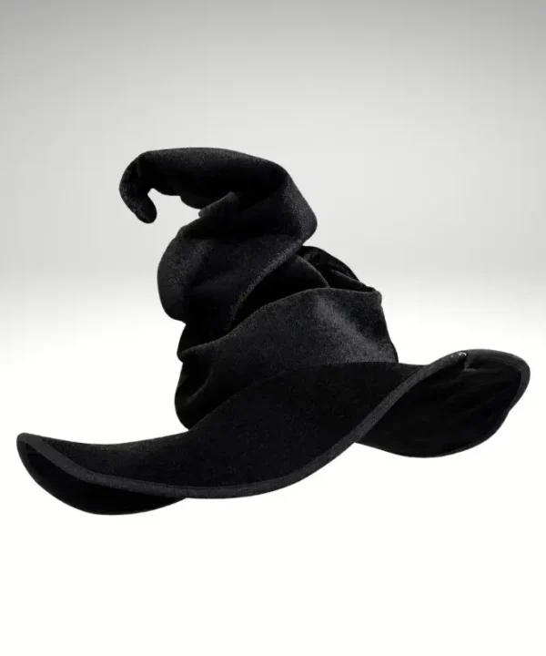 Chapeau sorcier noir torsadé froissé, aspect feutrine, pointe courbée, large bord ondulé.
