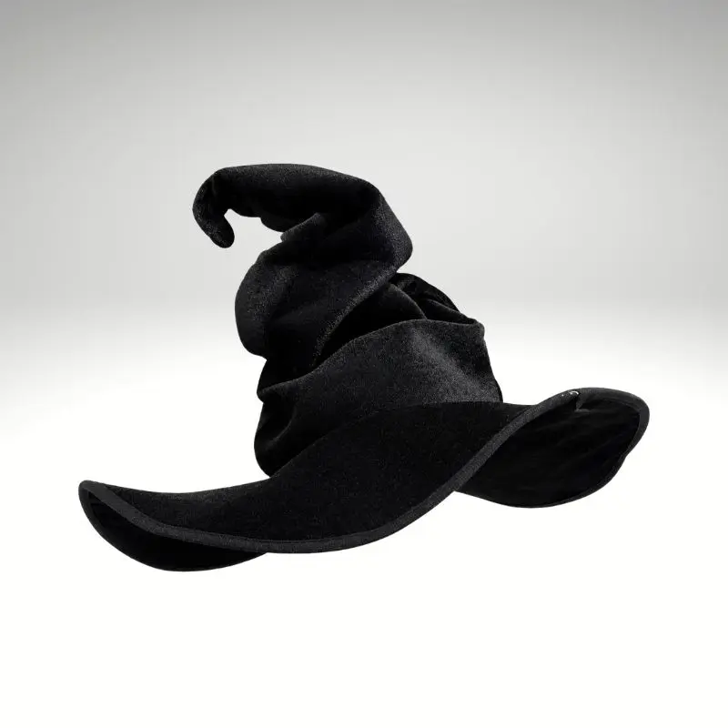 Chapeau sorcier noir torsadé froissé, aspect feutrine, pointe courbée, large bord ondulé.