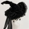 Chapeau de sorcière gothique noir, dentelle raffinée,