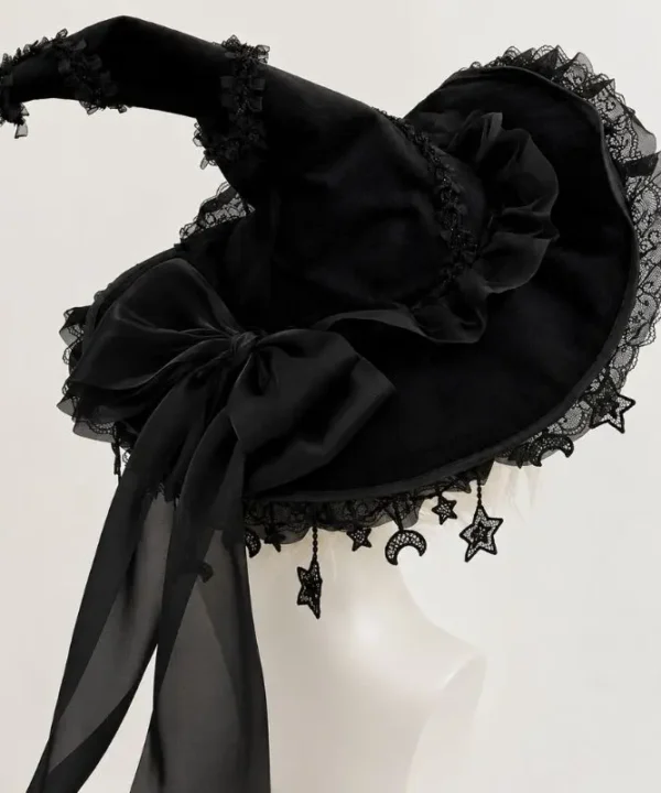 Chapeau de sorcière gothique noir, dentelle raffinée,