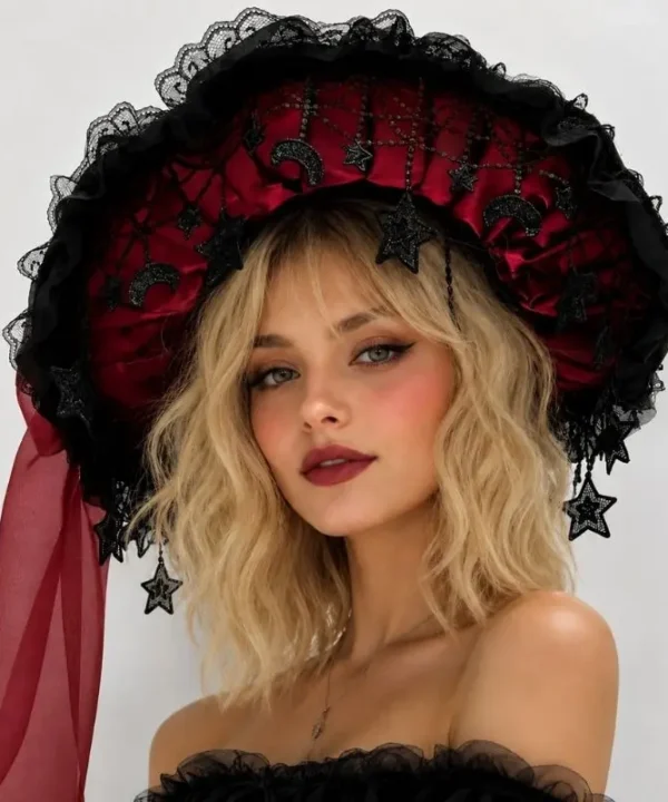 Chapeau de sorcière gothique noir et rouge, dentelle, satin, nœud amovible, pendentifs étoiles.
