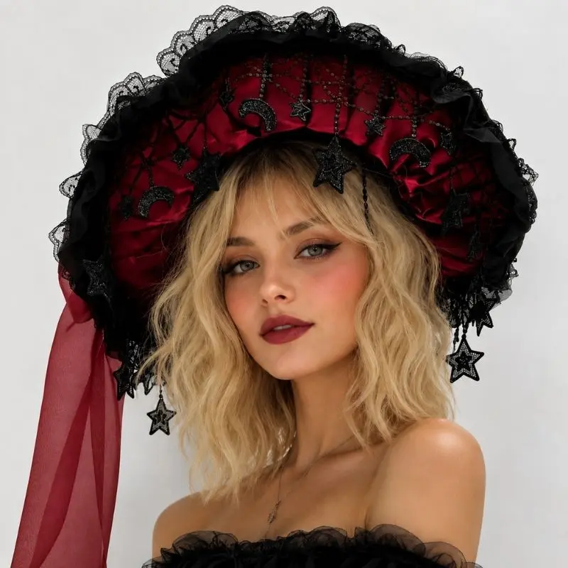 Chapeau de sorcière gothique noir et rouge, dentelle, satin, nœud amovible, pendentifs étoiles.