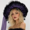 Chapeau de sorcière gothique noir et violet, dentelle, nœud amovible, breloques cœurs et lunes