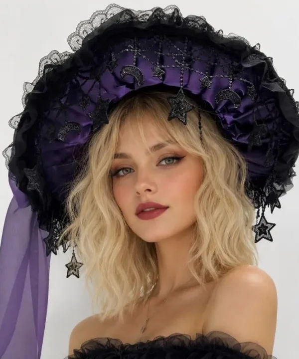 Chapeau de sorcière gothique noir et violet, dentelle, nœud amovible, breloques cœurs et lunes