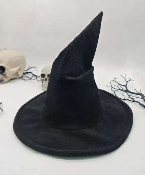 Chapeau de sorcière maléfique noir, pointu, grand bord, polyester, déguisement Halloween.