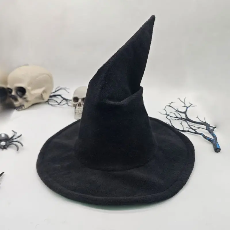 Chapeau de sorcière maléfique noir, pointu, grand bord, polyester, déguisement Halloween.