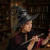 Chapeau de sorcière gothique noir à pointe spirale avec texture usée pour cosplay fantasy.