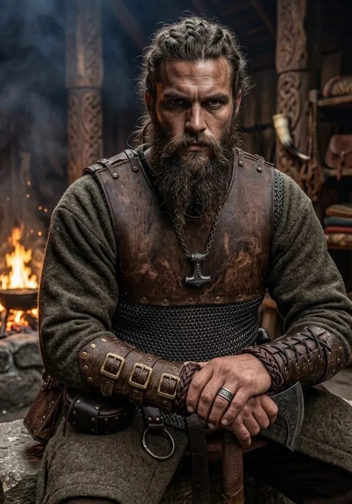 Guerrier viking avec barbe tressée portant un collier avec pendentif marteau de Thor