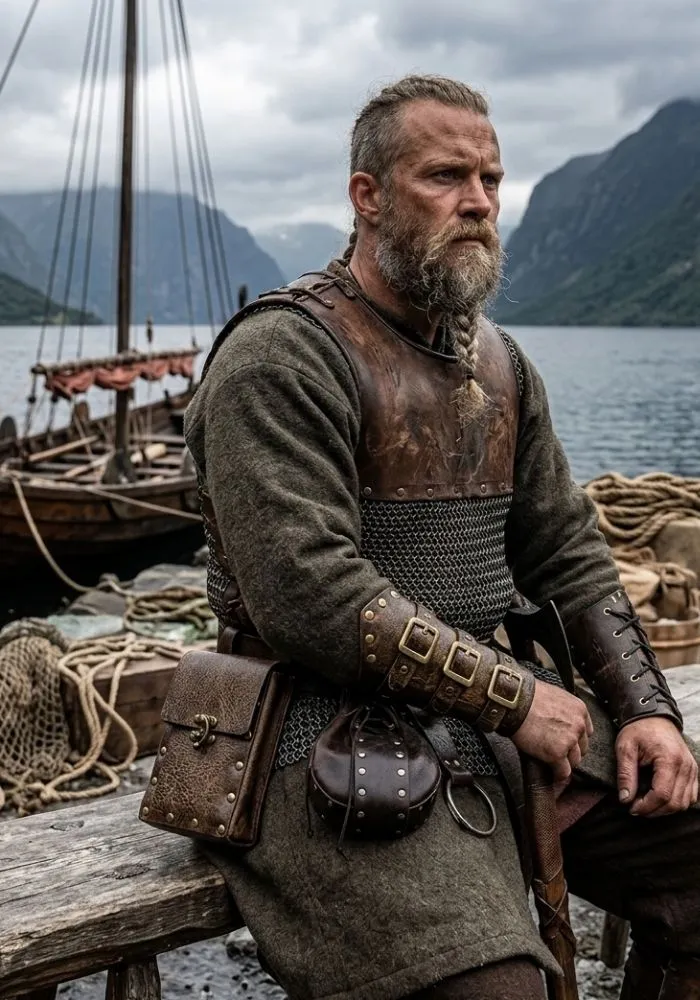 Homme en costume viking portant un plastron en cuir marron riveté au bord de l'eau