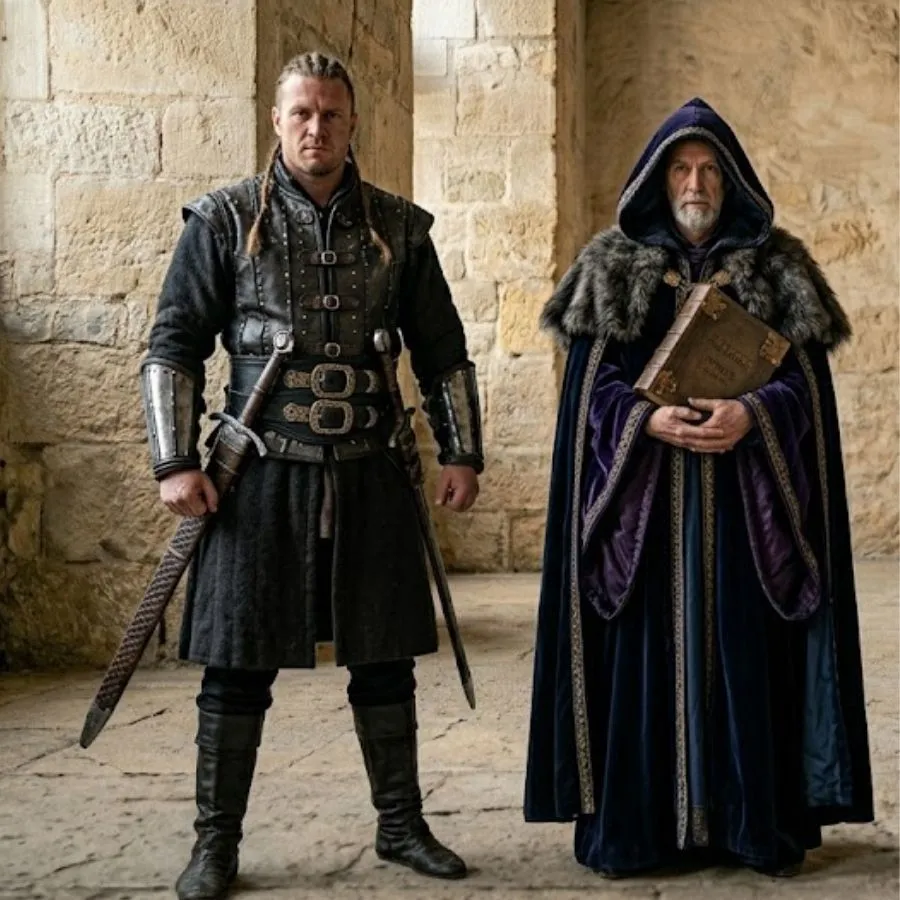 Costumes de GN avec un guerrier en armure de cuir noire et un mage en robe de velours violette