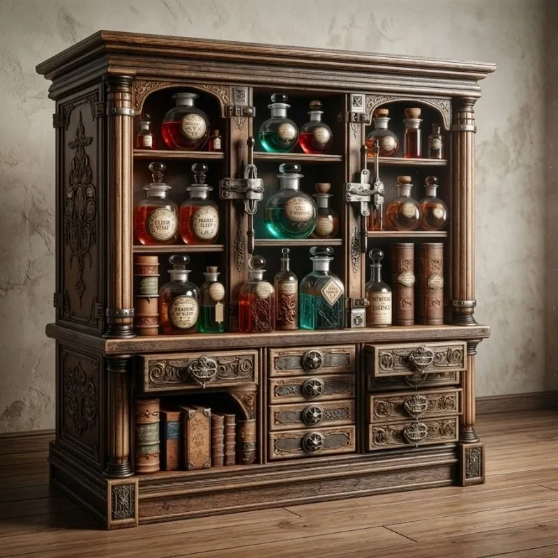Grand meuble apothicaire en bois sombre rempli de flacons et fioles de potions magiques.