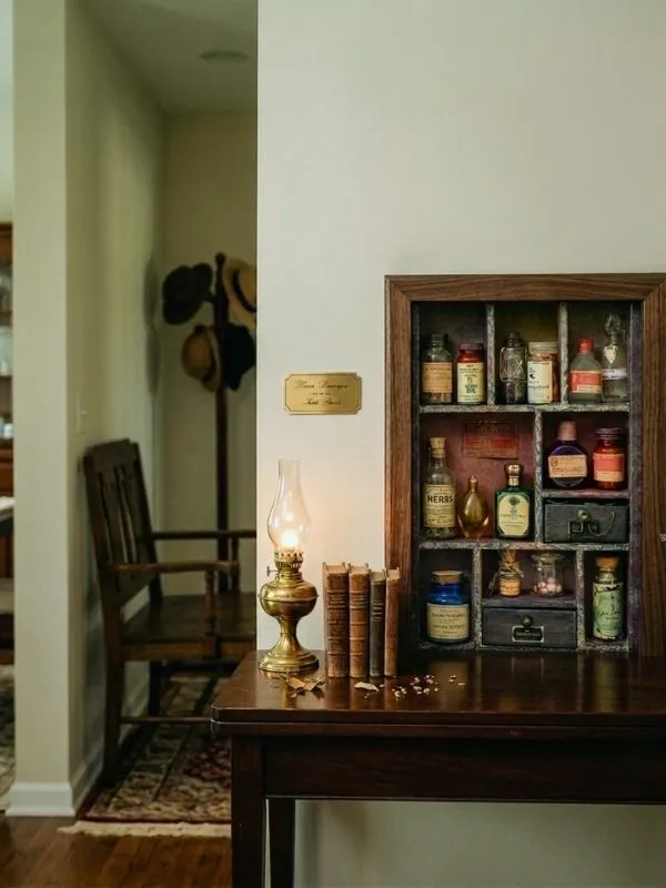 Petite étagère murale en bois décorative avec mini fioles de potions magiques dans une entrée.