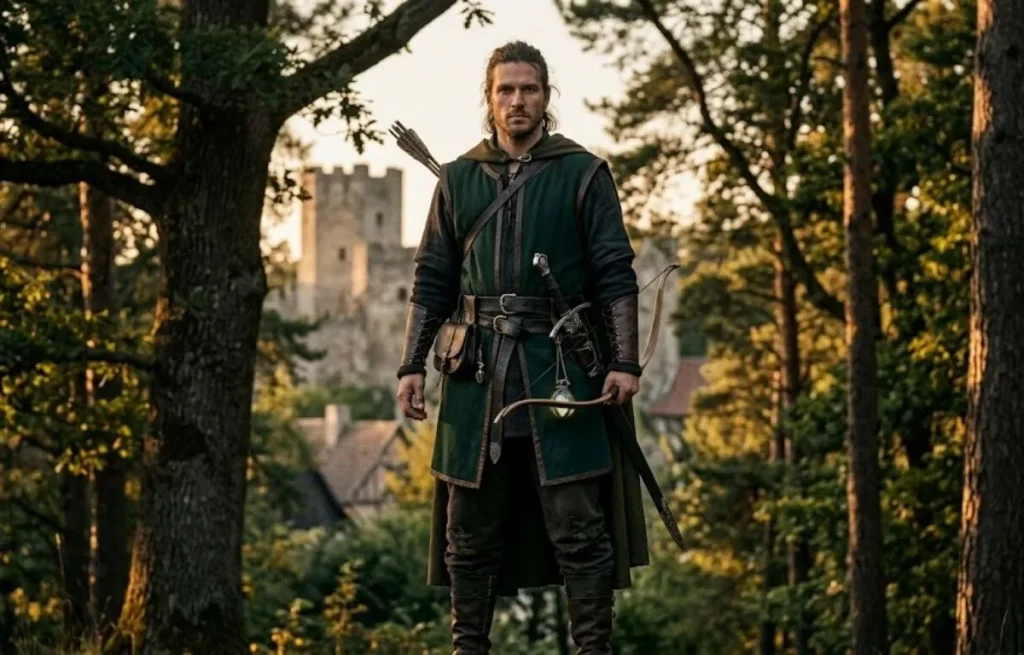 Rôdeur médiéval avec arc et carquois en forêt devant un château fort à l'heure dorée