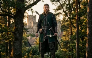 Rôdeur médiéval avec arc et carquois en forêt devant un château fort à l'heure dorée