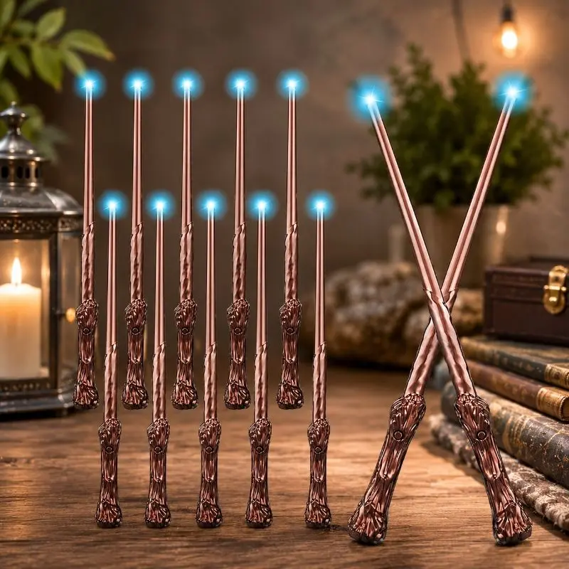 Lot de 10 baguettes magiques lumineuses sonores marron, texture bois sculptée.