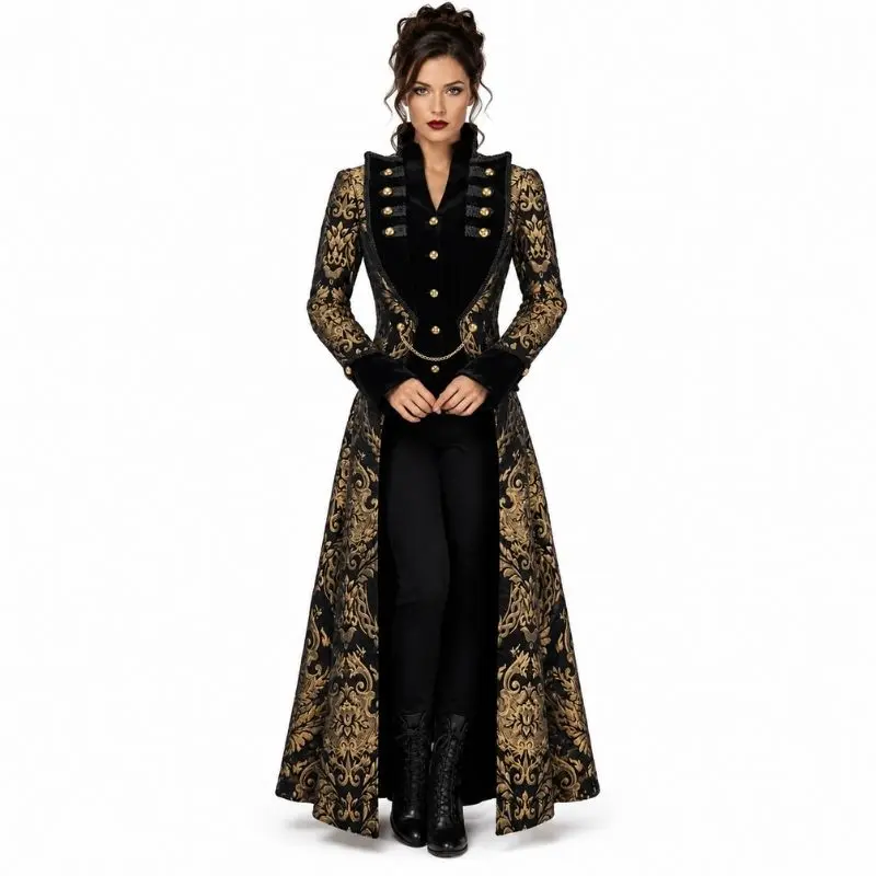 Manteau gothique brocart noir et or, coupe victorienne cintrée, laçage corset dos.