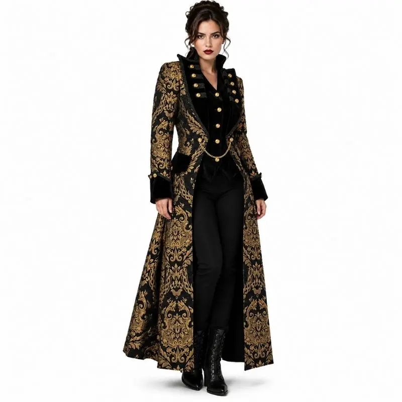Manteau gothique brocart noir et or, coupe victorienne cintrée, laçage corset dos.