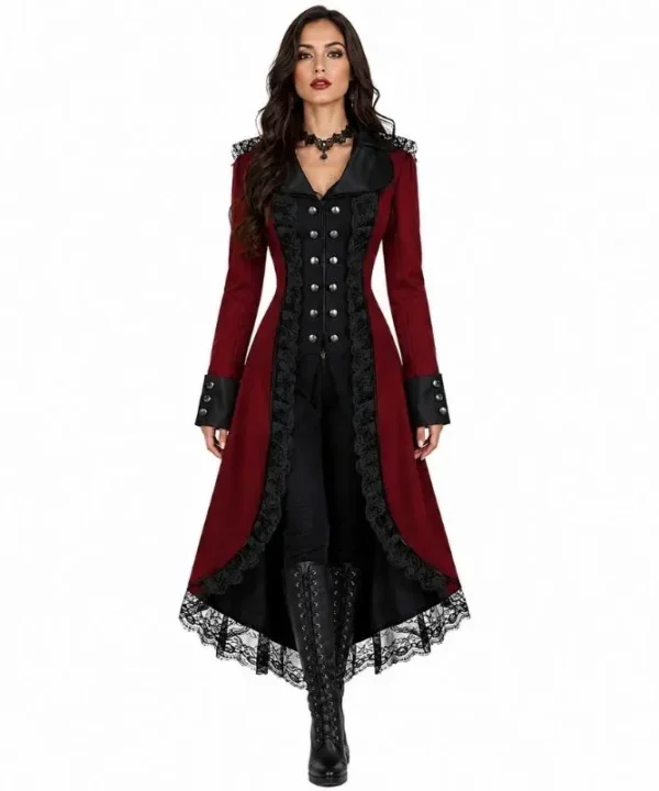 Manteau gothique rouge bordeaux impérial femme, coupe victorienne, dentelle noire et boutons.