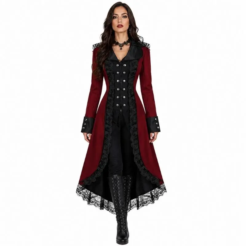 Manteau gothique rouge bordeaux impérial femme, coupe victorienne, dentelle noire et boutons.