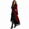 Manteau gothique long femme rouge bordeaux avec col élégant et boutons décoratifs