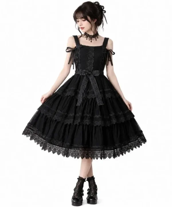Robe Gothique Lolita JSK noire, volants, dentelle et nœuds décoratifs