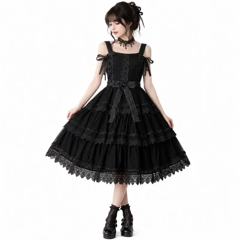 Robe Gothique Lolita JSK noire, volants, dentelle et nœuds décoratifs