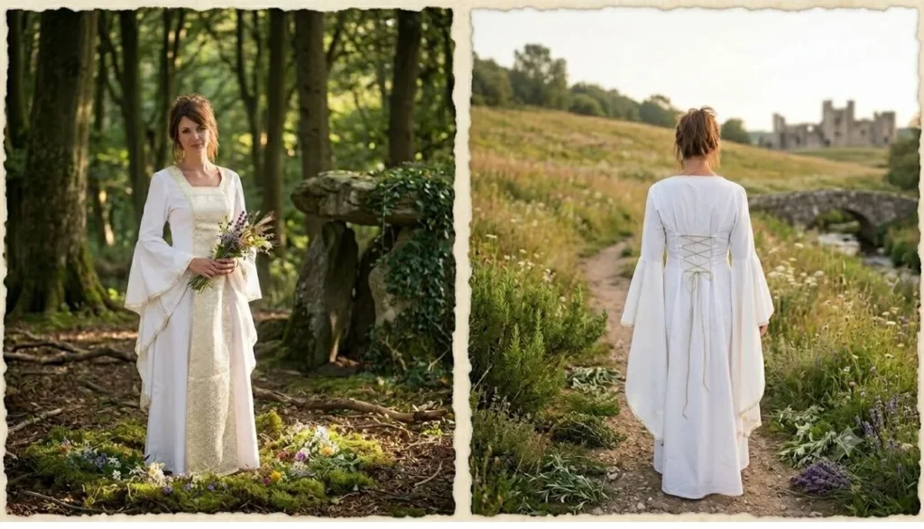 Robe de mariée médiévale blanche de style féerique et celtique dans la nature