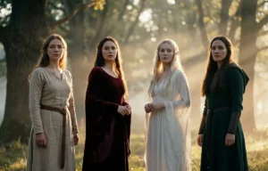 Groupe de femmes en robes médiévales de style celte et fantastique dans une forêt brumeuse
