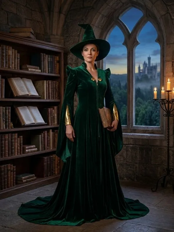 Robe de sorcière en velours vert avec chapeau pointu dans une bibliothèque gothique