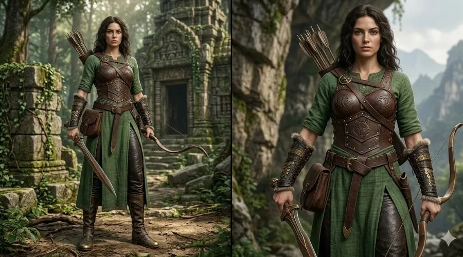Détails d'une tenue de rôdeuse médiévale avec bustier en cuir et carquois de flèches