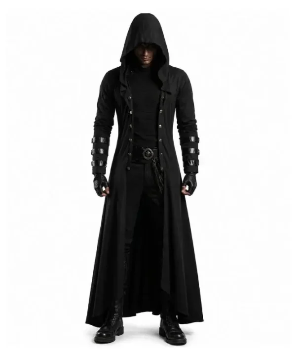 Manteau gothique noir homme style rôdeur, capuche profonde et poignets sanglés.