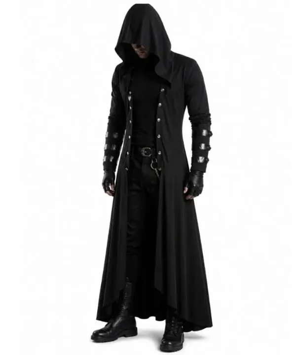 Tenue gothique de rôdeur homme avec longue capuche et finitions sanglées.