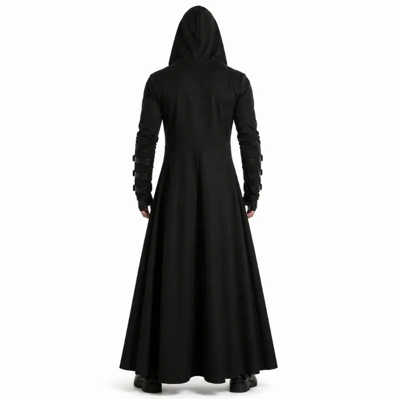 Manteau long gothique homme inspiré des rôdeurs, avec capuche ample et poignets à sangles.