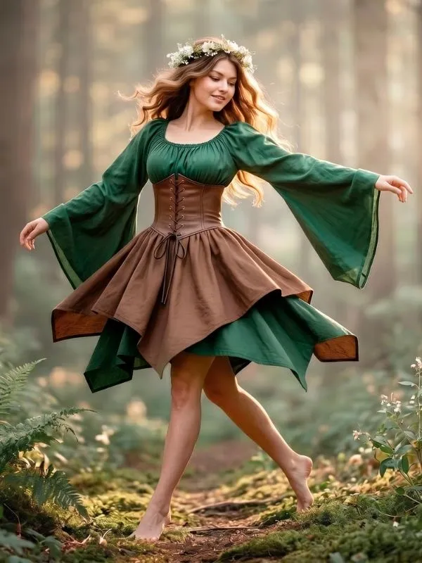Robe médiévale fantastique verte et marron avec corset serre-taille en cuir lacé