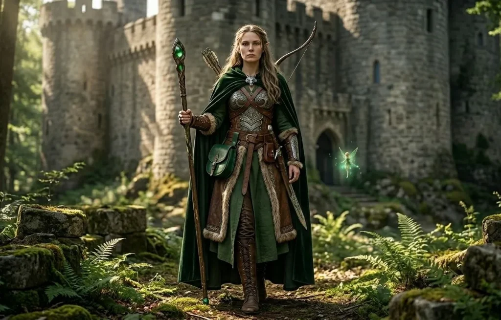 Tenue médiévale fantasy pour femme avec bâton magique de magicienne et cape verte