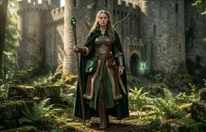 Tenue médiévale fantasy pour femme avec bâton magique de magicienne et cape verte