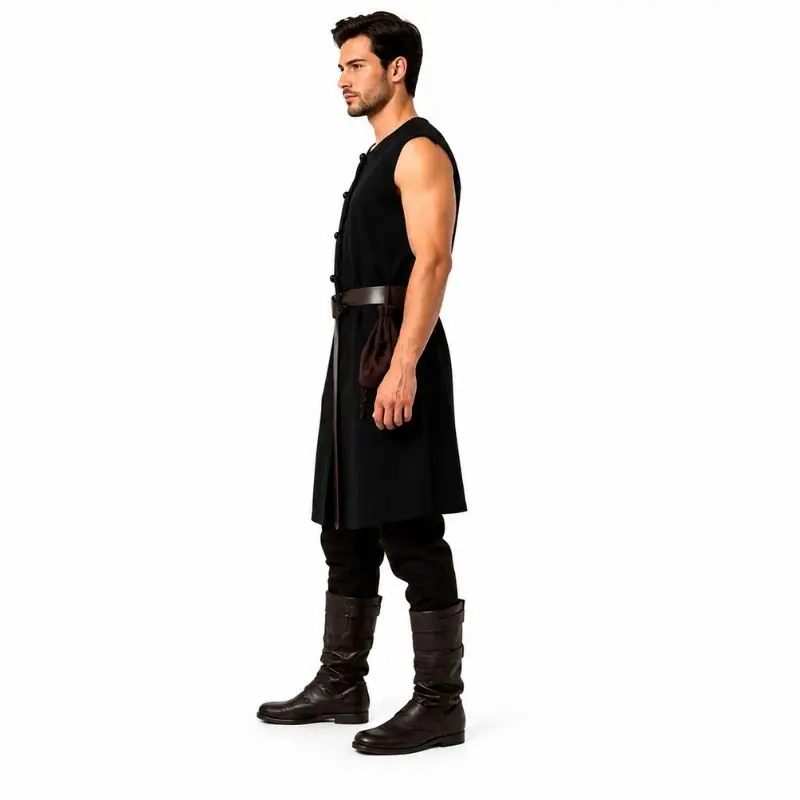 Tunique médiévale homme noire sans manches avec ceinture en similicuir et bracelets de protection