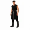 Costume médiéval homme noir avec tunique sans manches, ceinture et accessoires de guerrier.
