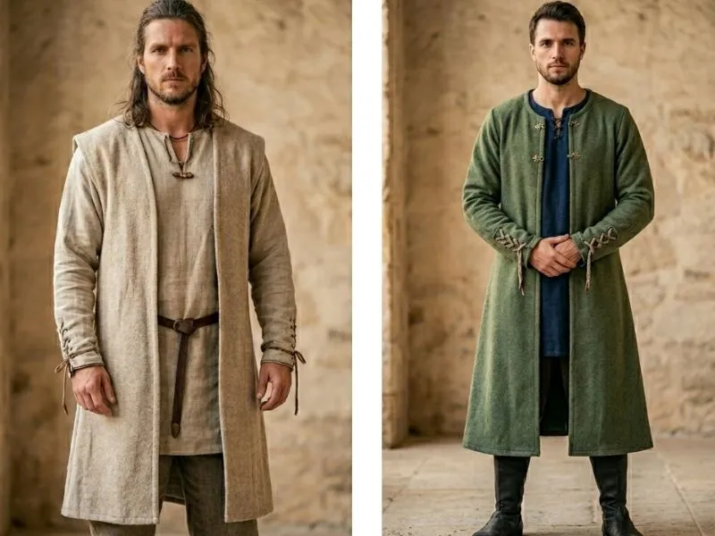 Comparatif de tuniques médiévales pour homme en lin beige et coton vert avec surcot