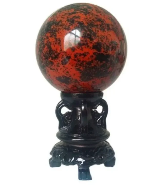 Boule de Cristal Dragon de Feu en obsidienne acajou rouge et noire, polie, sur socle.