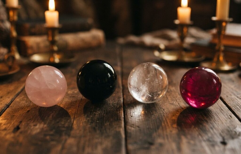 Collection de boules de cristal de différentes couleurs pour différentes énergies.