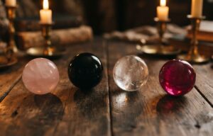 Collection de boules de cristal de différentes couleurs pour différentes énergies.