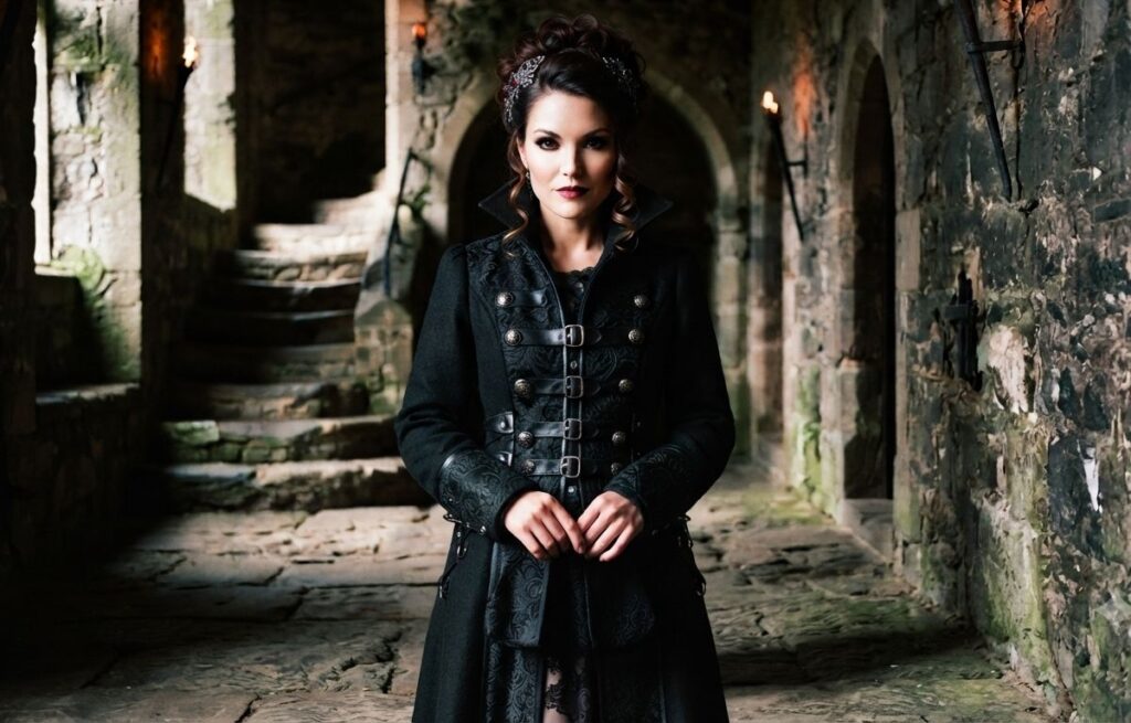 Portrait femme gothique victorien, manteau long structuré, décor château pierre, style photo argentique