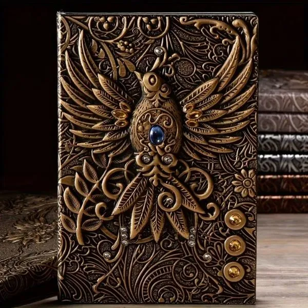 Grimoire du Phénix Éternel, couverture 3D cuir antique, phénix relief, gemmes bleues et ambrées.