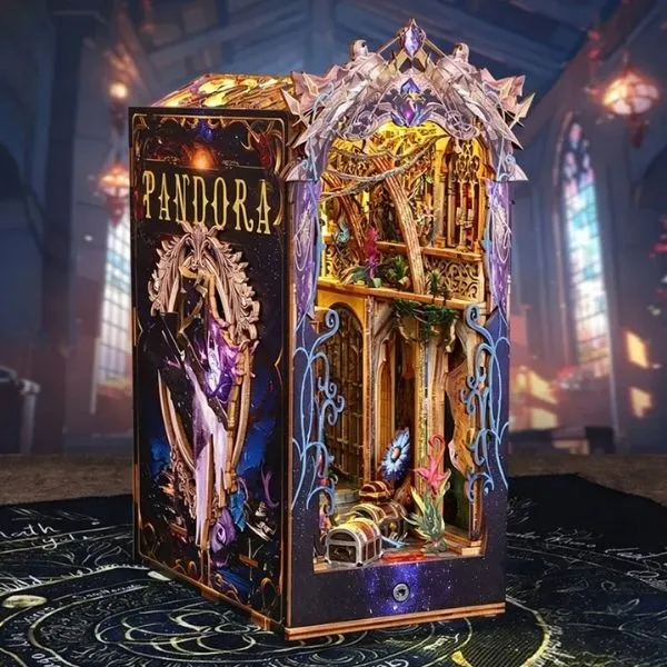 Book Nook Pandora miniature en bois éclairé, diorama d'architecture fantastique pour bibliothèque.