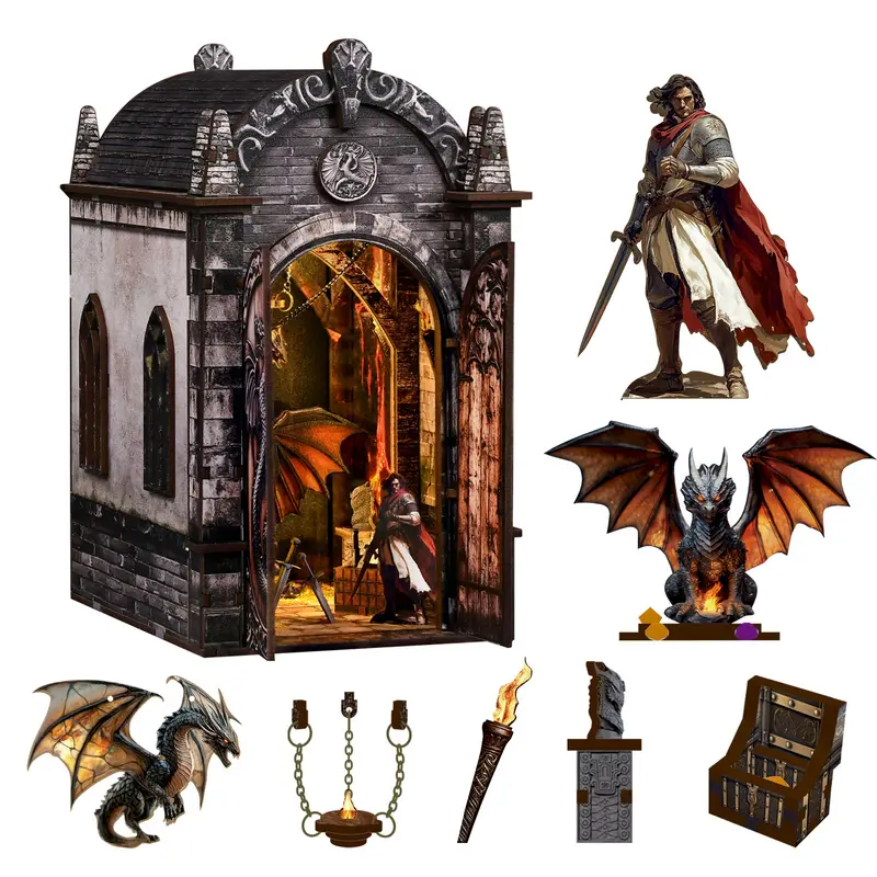 Serre-livres Repaire du Dragon avec trésor miniature et lumière LED