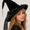 Élégant chapeau de sorcière noir en velours, pointe souple, nœud satin et étoile mystique dorée.